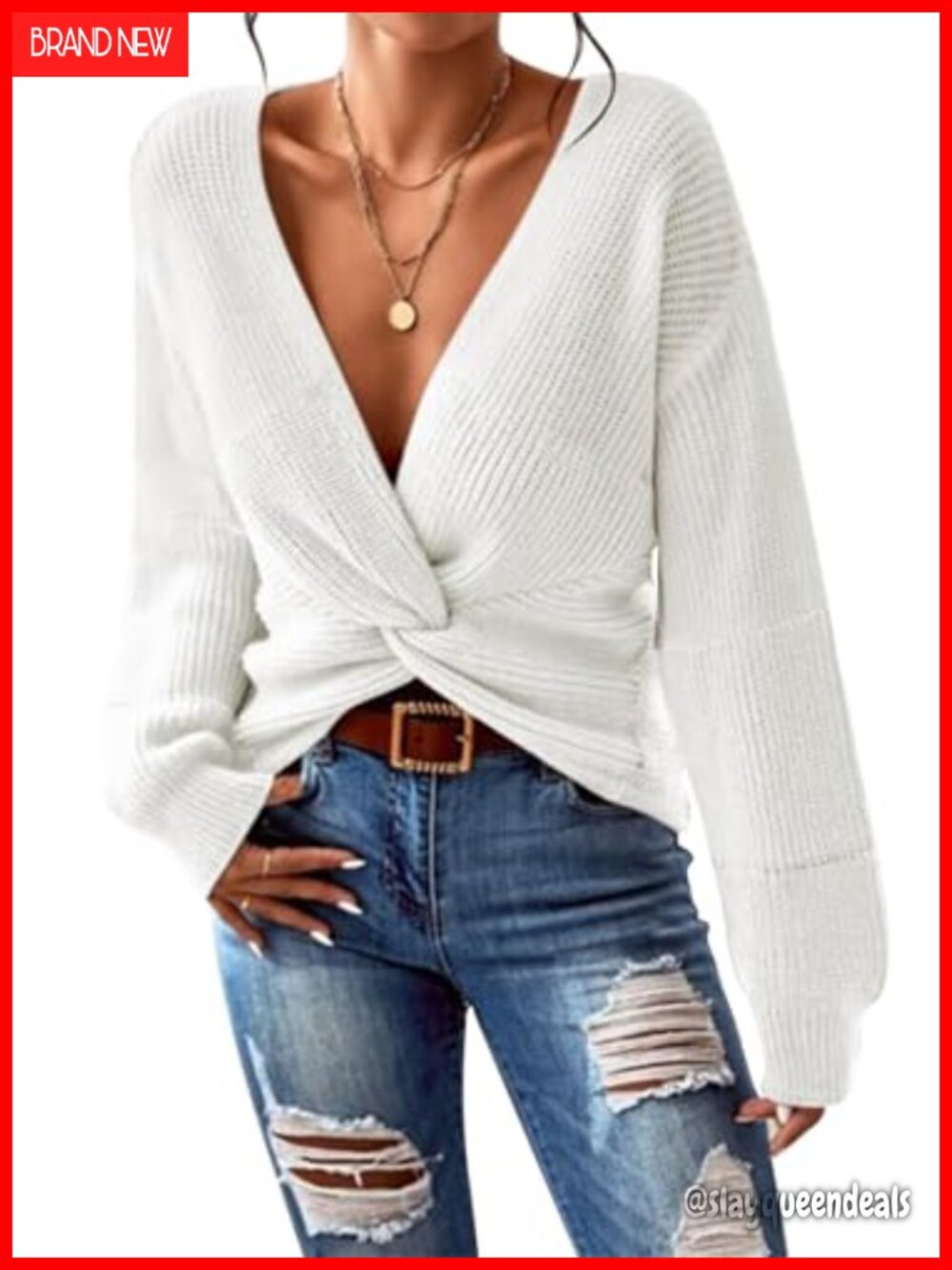 Women's Deep V Neck Twist Front Cropped Knit Sweater Pullover